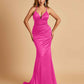 Satin Mermaid Open-back Bridesmaid Dresses Spaghetti Straps V-neck With Pleats Floor Length