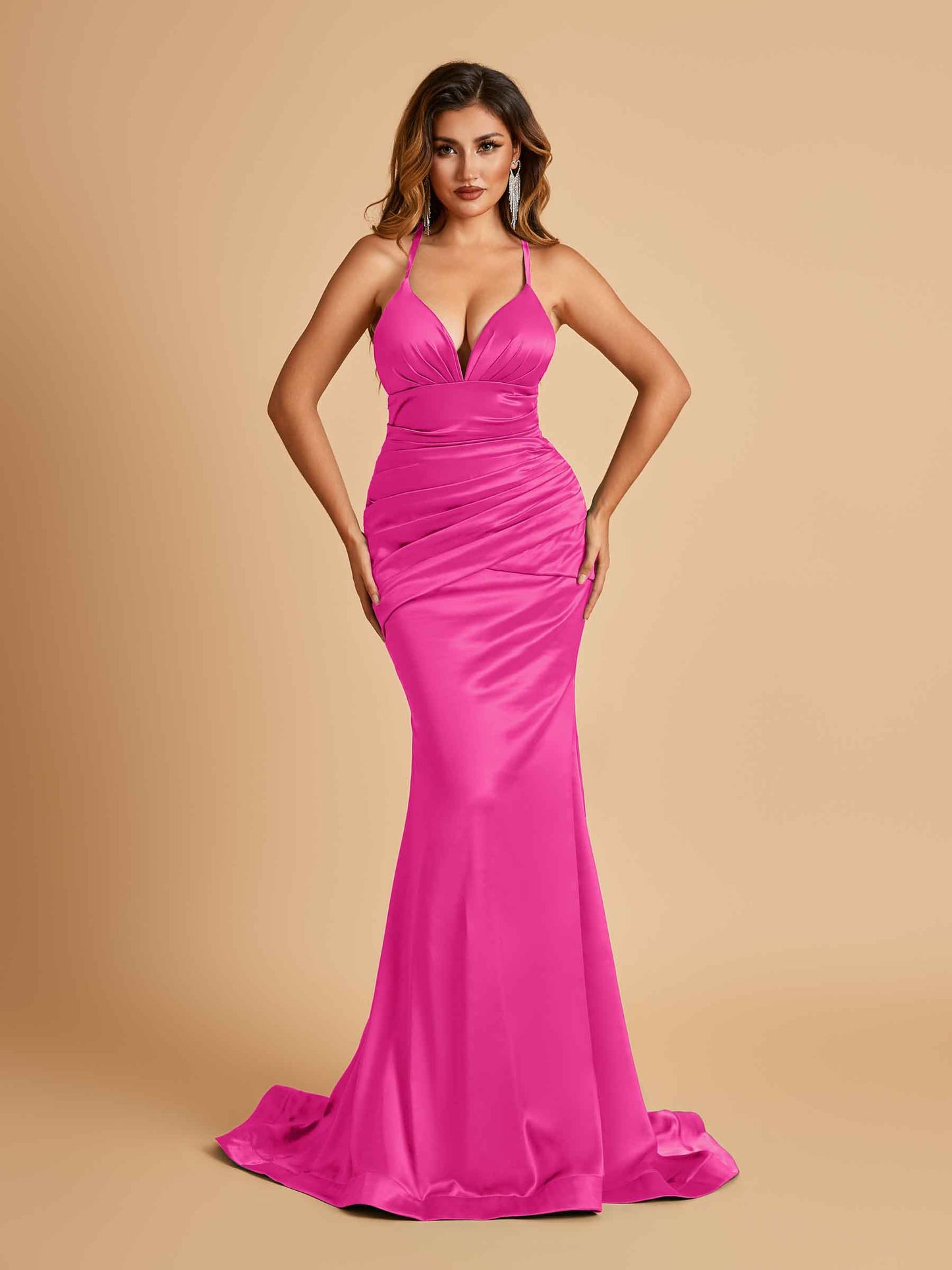 Satin Mermaid Open-back Bridesmaid Dresses Spaghetti Straps V-neck With Pleats Floor Length