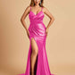 Satin Mermaid V-neck Prom Dresses Spaghetti Straps Side Slit Floor Length