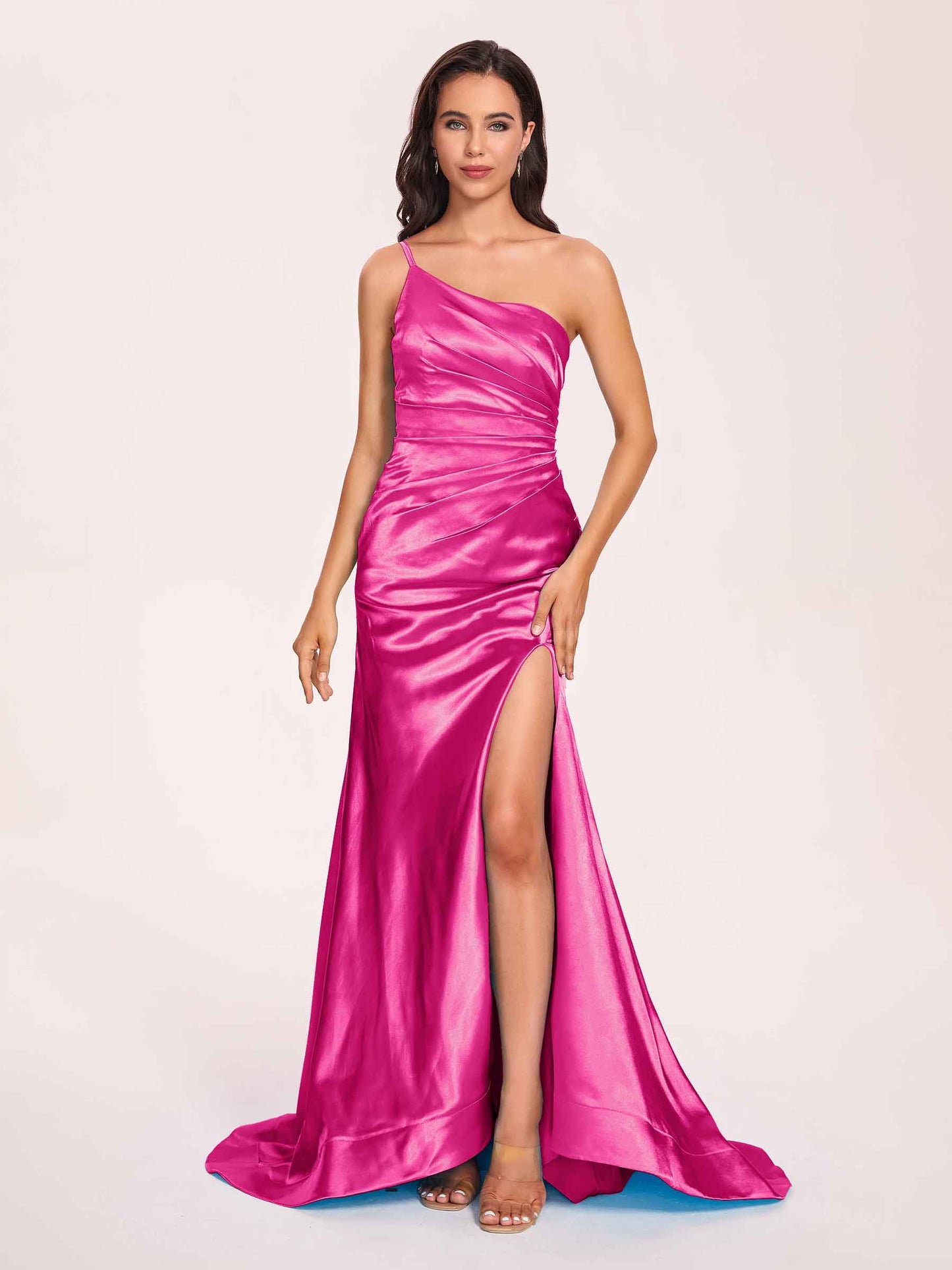 Satin One-shoulder Mermaid Bridesmaid Dresses Side Slit Pleats Floor Length