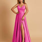 Satin A-line Long Prom Dresses Spaghetti Straps V-neck Side Slit Floor Length