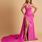 Sexy Satin Sheath Bridesmaid Dresses Spaghetti Straps Sweetheart Side Slit With Train