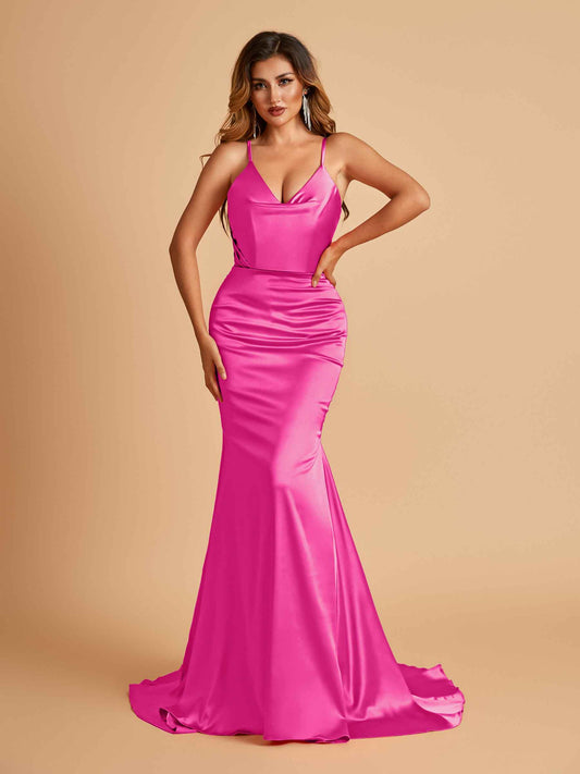 Sexy Satin Mermaid Bridesmaid Dresses Spaghetti Straps V-neck Pleats Floor Length