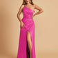 Satin One Shoulder Sheath Bridesmaid Dresses Spaghetti Straps Side Slit Floor Length
