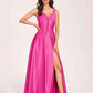 Satin V-neck A-line Prom Dresses Side slit Floor Length
