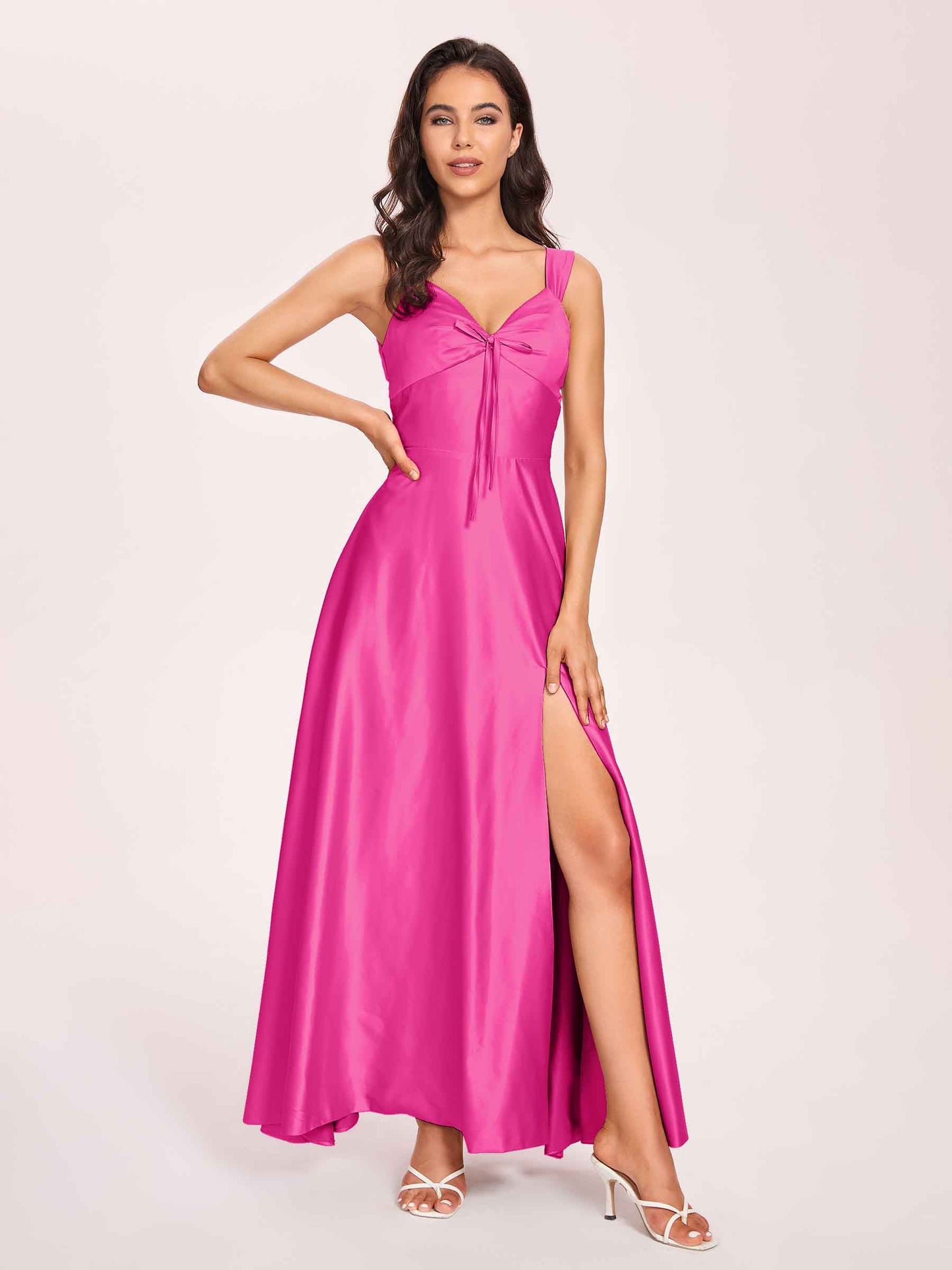 Satin V-neck A-line Prom Dresses Side slit Floor Length
