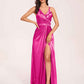 Sexy Satin A-line Prom Dresses Spaghetti Straps Side Slit V-neck Floor Length