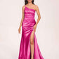 Satin One-shoulder Mermaid Prom Dresses Side Slit Pleats Floor Length