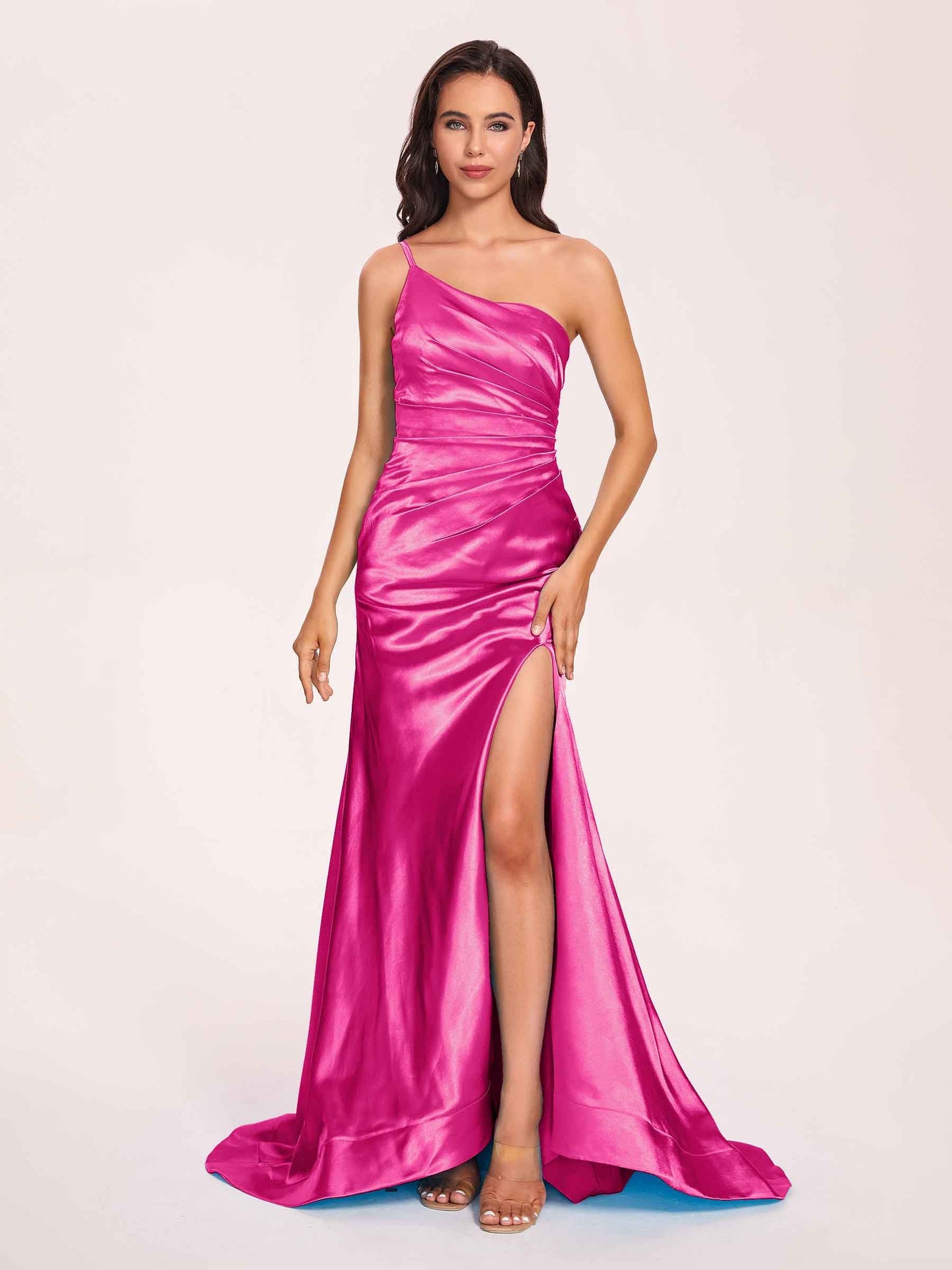 Satin One-shoulder Mermaid Prom Dresses Side Slit Pleats Floor Length