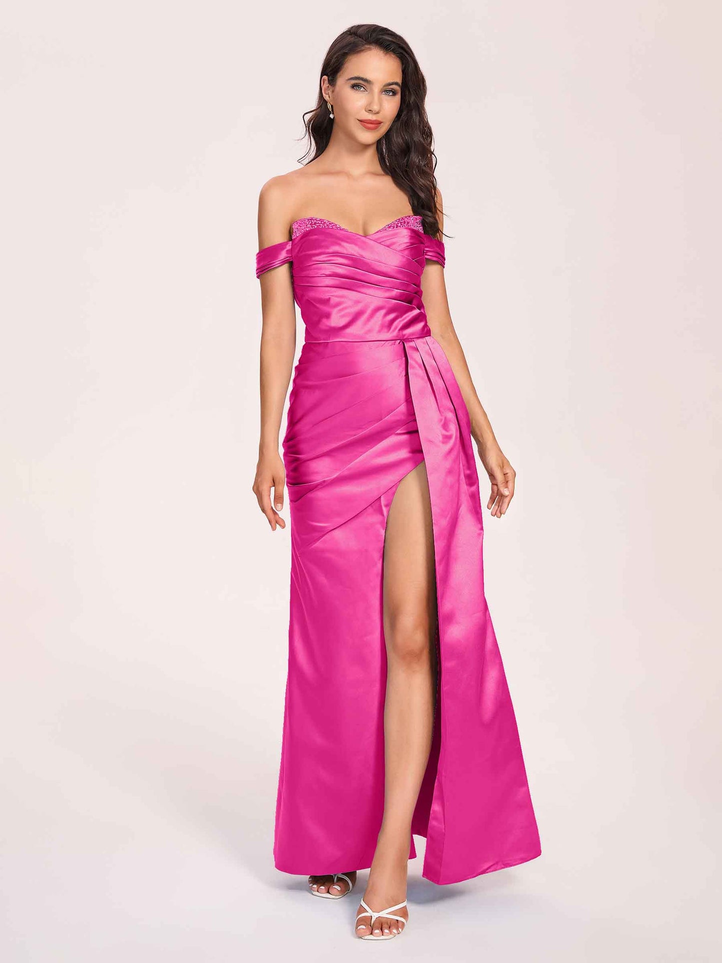 Elegant Satin Off Shoulder Bridesmaid Dresses Side-slit Sweetheart Floor Length Sheath