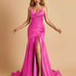 Sexy Satin Mermaid Open Back Prom Dresses Spaghetti Straps V-neck Side Slit