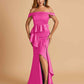Satin Mermaid Off Shoulder Bridesmaid Dresses With Ruffles Side Slit Floor Length