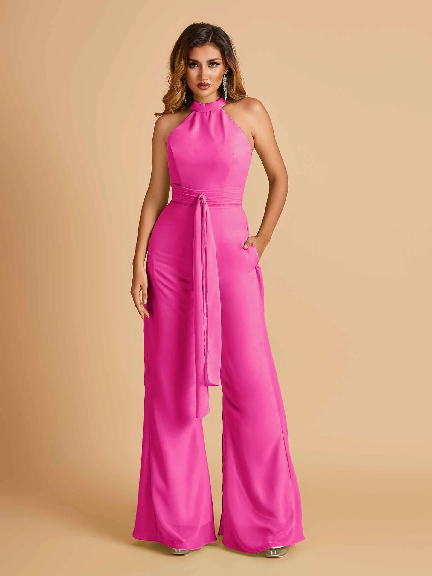 Chiffon Bridesmaid Jumpsuit Jewel Neck Sleeveless Floor Length With Pockets For Sale