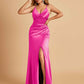 Sexy Satin Sheath Prom Dresses Spaghetti Straps V-neck Side Slit Pleats Floor Length
