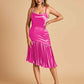 Sexy Satin Midi Asymmetrical Bridesmaid Dresses Spaghetti Straps Mermaid With Ruffles