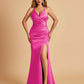 Sexy Satin Mermaid Long Prom Dresses Spaghetti Straps Sweetheart Side Slit Criss-cross Back