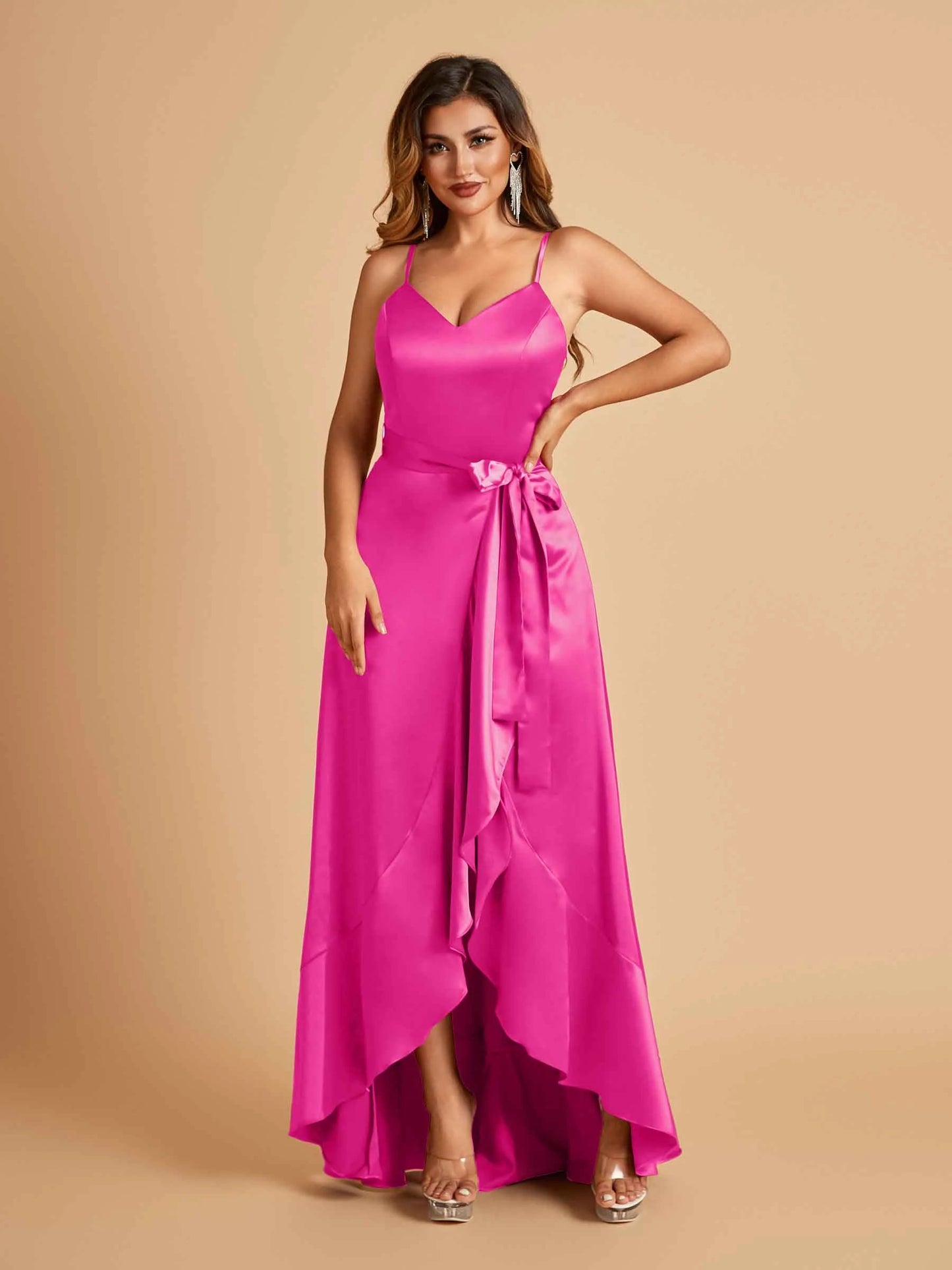 Satin Asymmetric V-neck Bridesmaid Dresses Sleeveless Side Slit A-line Unique For Sale