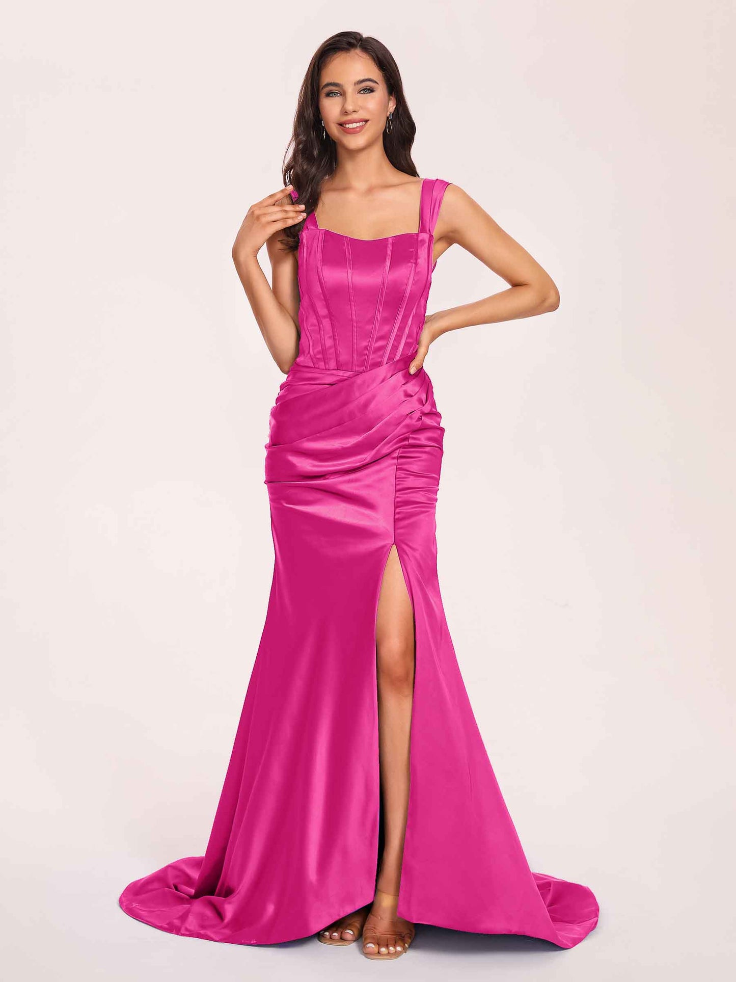 Sexy Satin Square Mermaid Bridesmaid Dresses Pleats Side-Slit Floor-Length Sleeveless