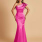 Satin One-shoulder Bridesmaid Dresses Ruffle Sleeves Mermaid Floor Length