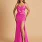 Sexy Satin Sheath Bridesmaid Dresses Spaghetti Straps V-neck Side Slit Floor Length