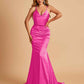 Sexy Satin Mermaid Prom Dresses Spaghetti Straps V-neck Pleats Floor Length