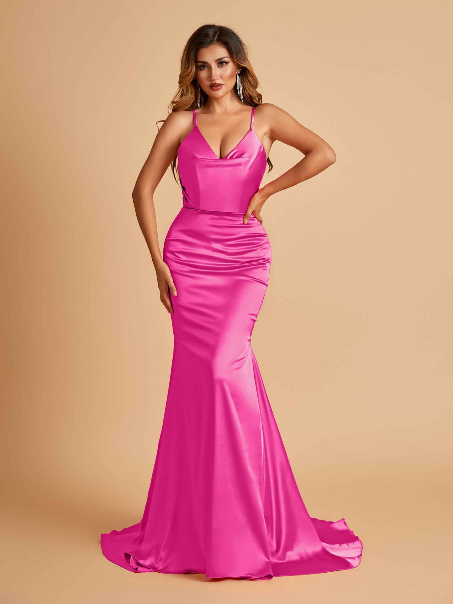 Sexy Satin Mermaid Prom Dresses Spaghetti Straps V-neck Pleats Floor Length