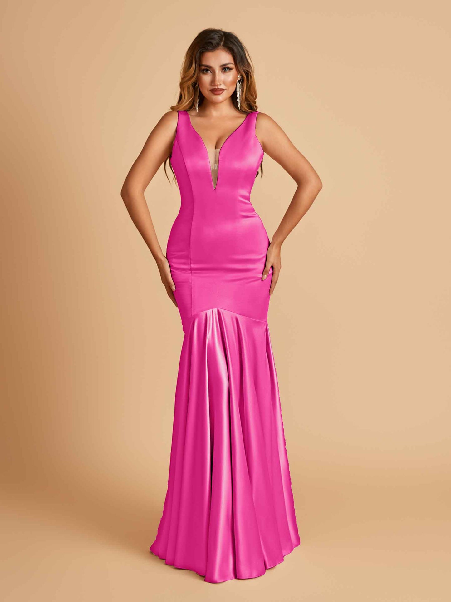 Satin Deep V-neck Mermaid Bridesmaid Dresses Half Open Back Floor Length