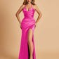 Sexy Satin Halter Straps Sheath Prom Dresses Side Slit Pleats Floor Length