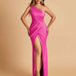 Satin One-shoulder Bridesmaid Dresses Sheath Side Slit Sleeveless Floor Length