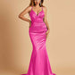 Satin Mermaid V-neck Prom Dresses Spaghetti Straps Floor Length