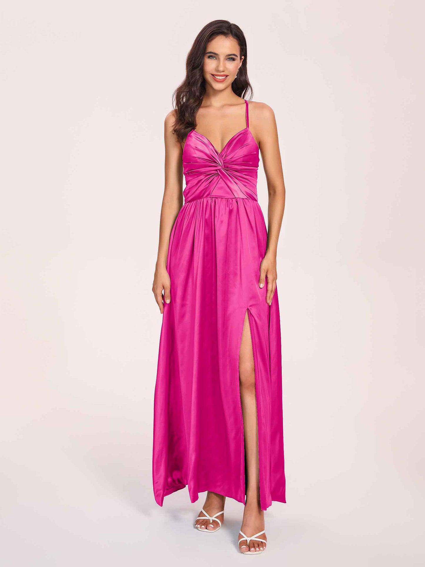 Satin Spaghetti Straps A-line Bridesmaid Dresses Side Slit Floor Length