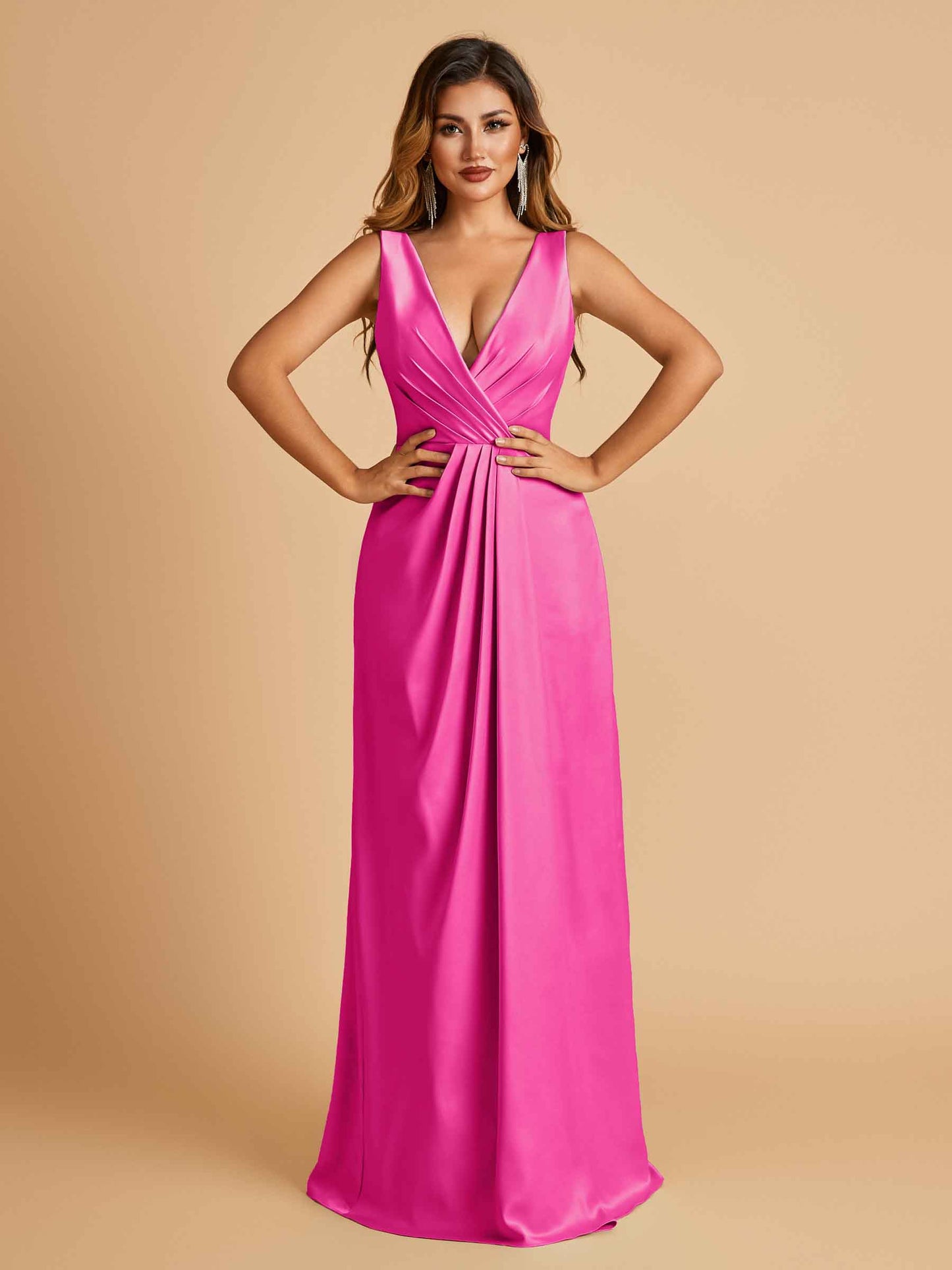 Sexy Satin Deep V-neck Long Bridesmaid Dresses A-line Pleats Sleeveless Floor Length