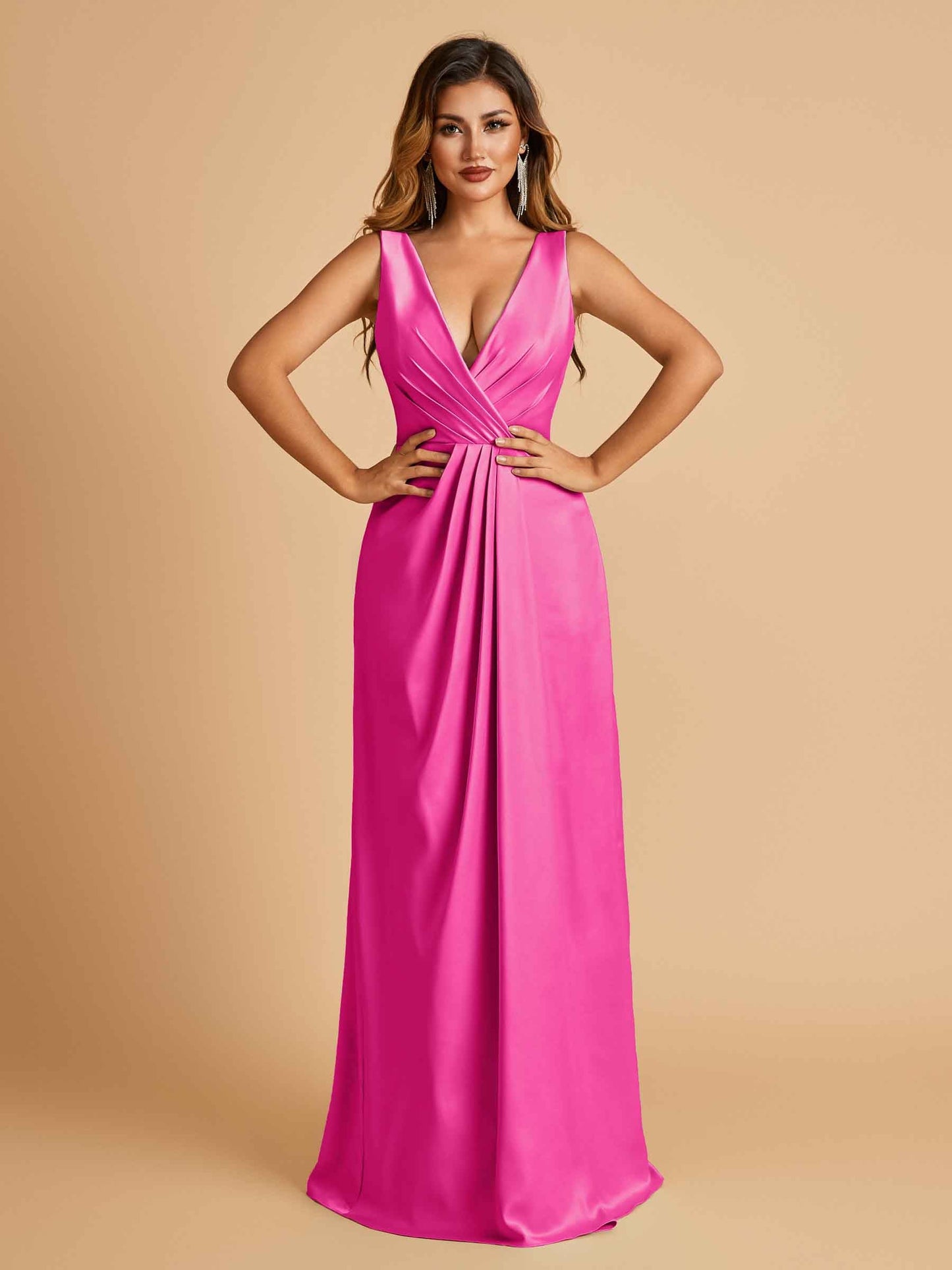 Sexy Satin Deep V-neck Long Prom Dresses A-line Pleats Sleeveless Floor Length