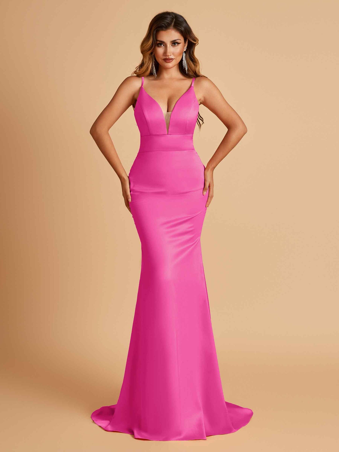 Satin Deep V-neck Mermaid Bridesmaid Dresses Open Back Floor Length