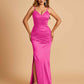Satin Mermaid Long Prom Dresses Spaghetti Straps V-neck Side Slit Floor Length