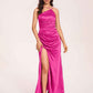 Satin Halter Pleats Sheath Prom Dresses Side-Slit Floor Length Sleeveless