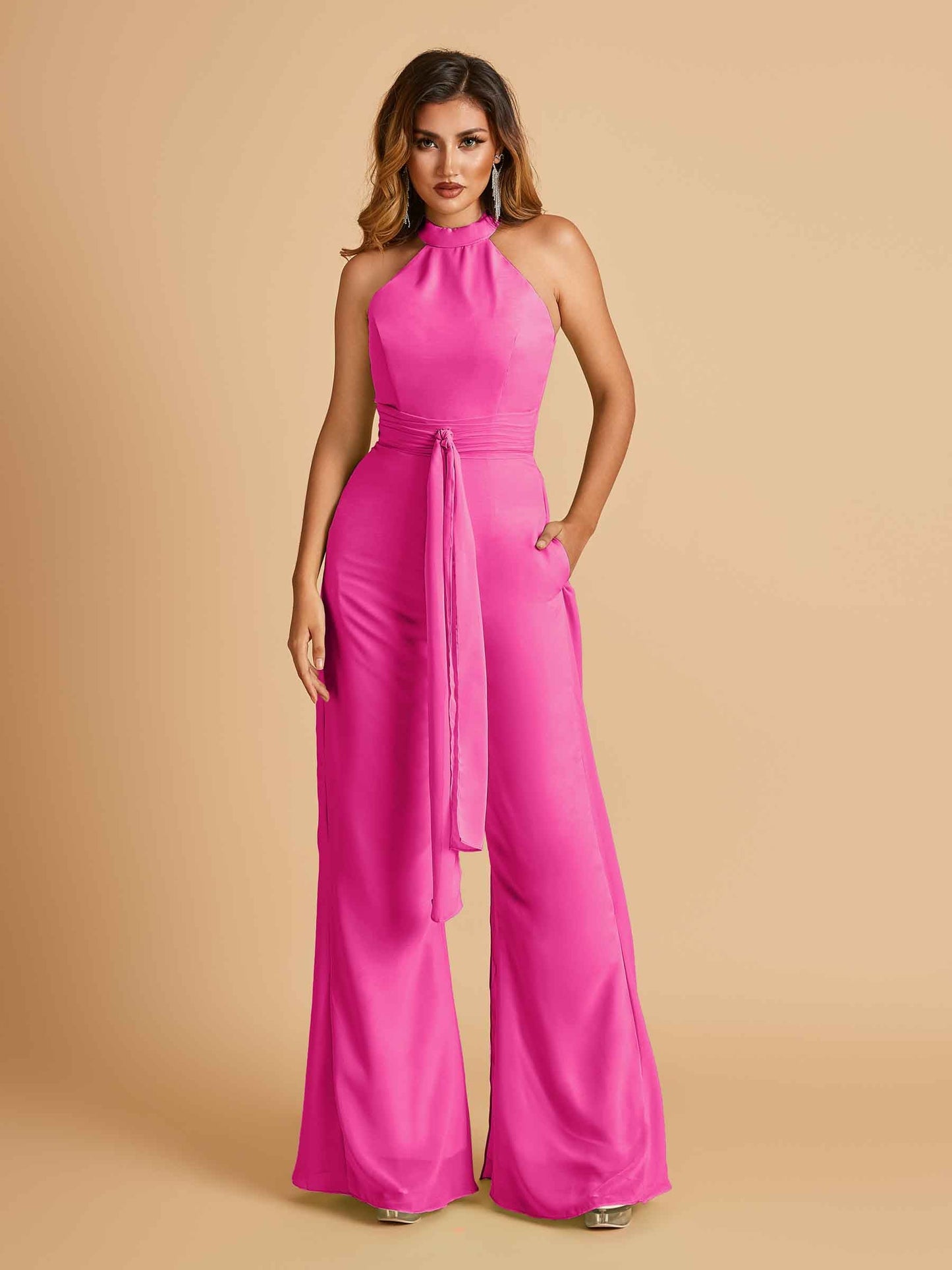 Chiffon Prom Jumpsuit Jewel Neck Sleeveless Floor Length With Pockets