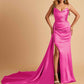 Sexy Satin Sheath Bridesmaid Dresses Strapless Sweetheart Side Slit With Train