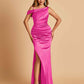 Unique Satin One Shoulder Prom Dresses Side Slit Half Open Back Floor Length