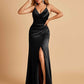 Sexy Satin Sheath Bridesmaid Dresses Spaghetti Straps V-neck Side Slit Pleats Floor Length For Sale