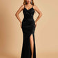 Sexy Satin Mermaid Bridesmaid Dresses Spaghetti Straps V-neck Side Slit Floor Length