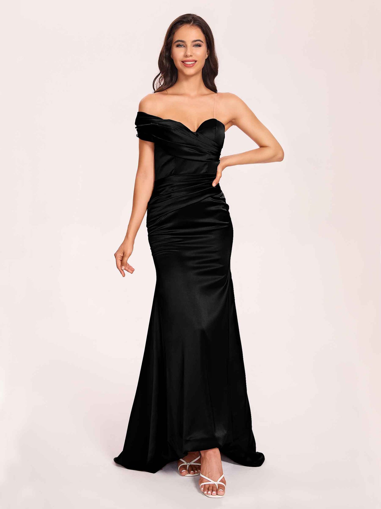 Satin One-shoulder Bridesmaid Dresses Pleats Floor Length Mermaid Long