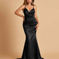 Satin Mermaid V-neck Prom Dresses Spaghetti Straps Floor Length
