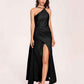 Sexy Satin Halter Strap Sheath Prom Dresses Side Slit Pleats Floor Length