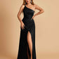 Satin One Shoulder Sheath Prom Dresses Spaghetti Straps Side Slit Floor Length