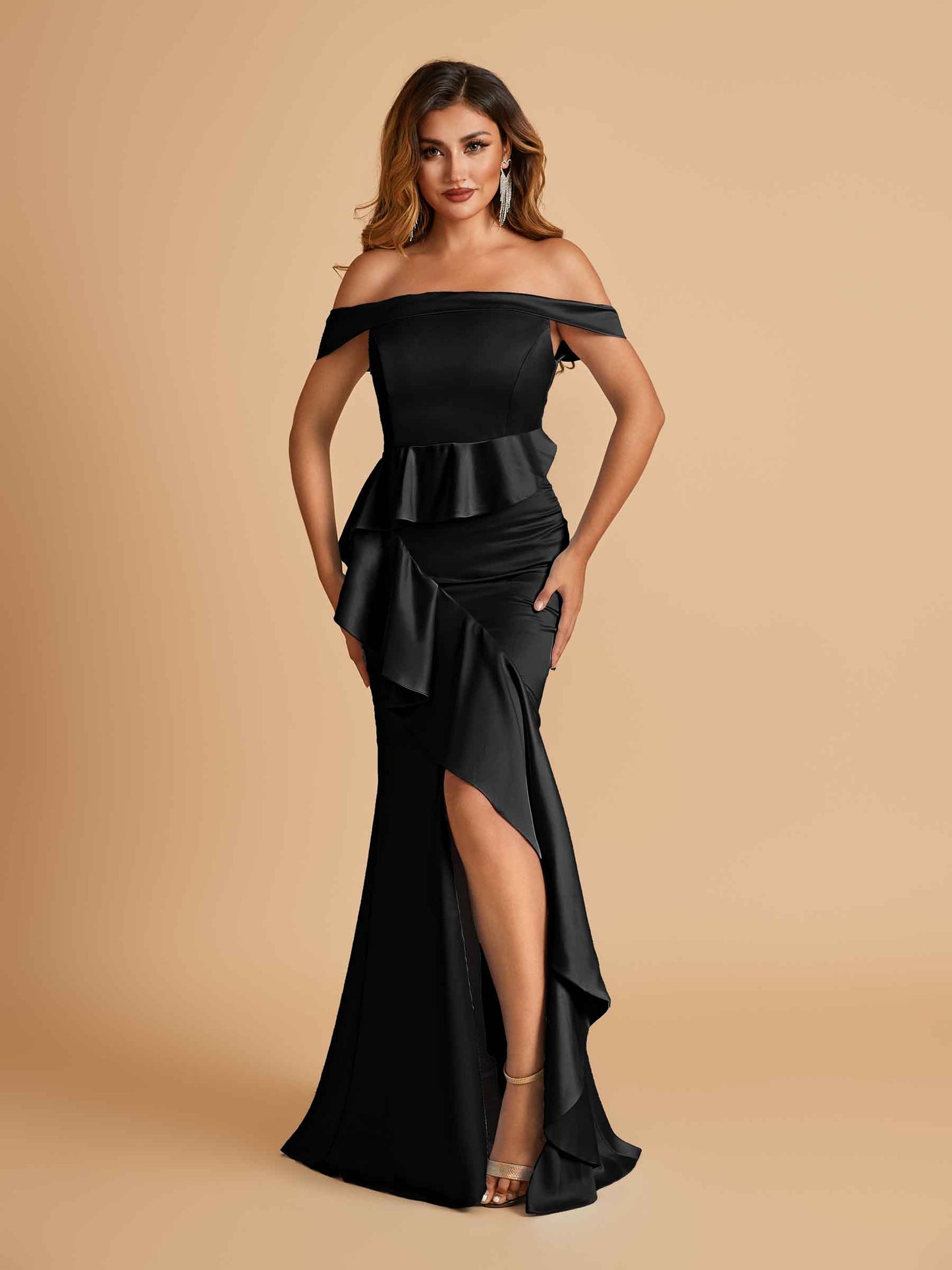 Satin Mermaid Off Shoulder Bridesmaid Dresses With Ruffles Side Slit Floor Length