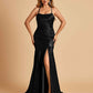 Sexy Satin Mermaid Prom Dresses Spaghetti Straps Scoop Side Slit Criss-cross Back