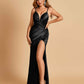 Sexy Satin Spaghetti Straps Prom Dresses V-neck Side Slit Pleats Floor Length Sheath
