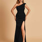 Satin One-shoulder Bridesmaid Dresses Mermaid Side Slit Sleeveless Floor Length