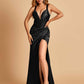 Sexy Sweetheart Sheath Prom Dresses Spaghetti Straps Satin Side Slit Pleats Floor Length